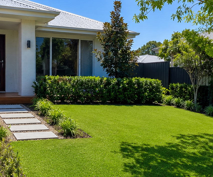 Professional lawn mowing and garden maintenance for a residential home.